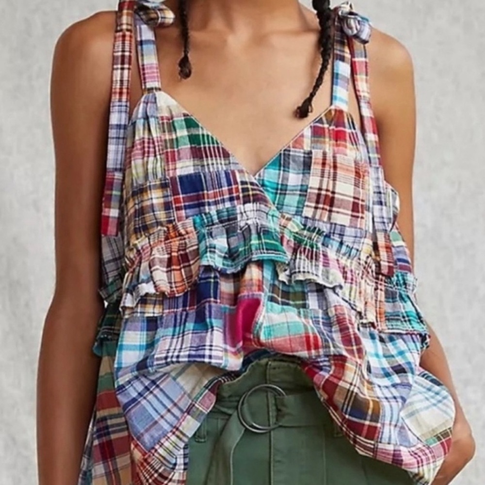 Pilcro Madras Plaid Tie Shoulder Top - Picture 2 of 8